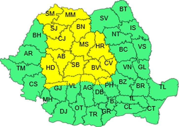 Cod galben de ploi torențiale și vijelii la Cluj