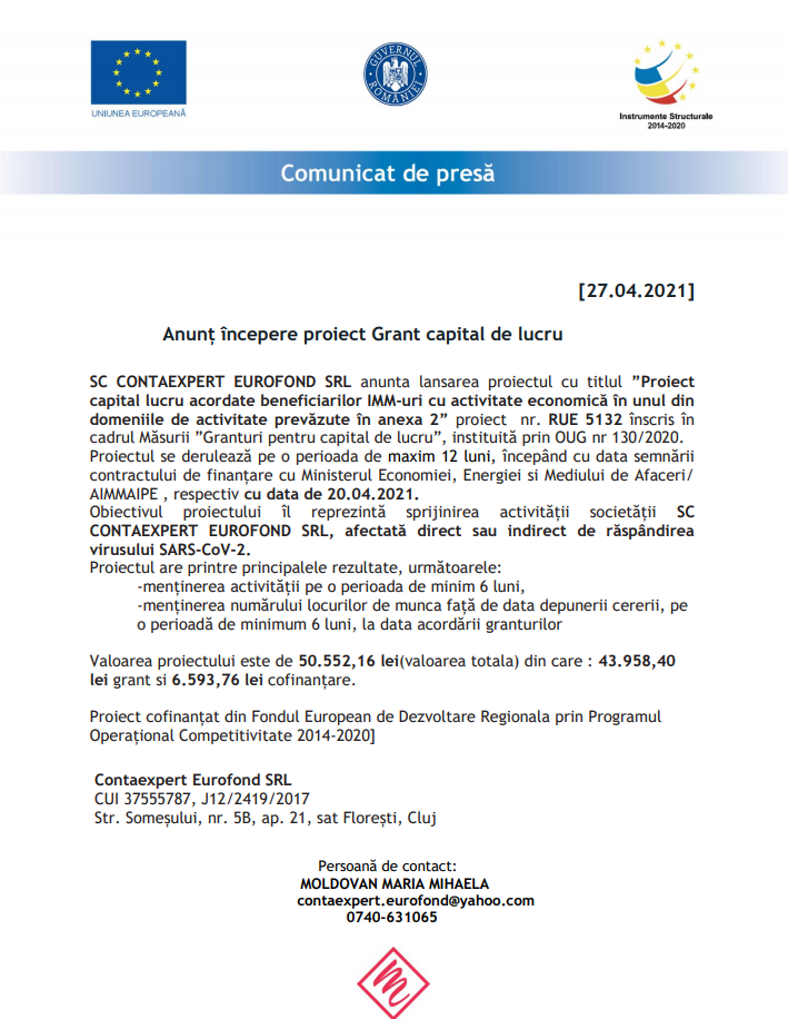 Anunț începere proiect Grant capital de lucru - SC CONTAEXPERT EUROFOND SRL
