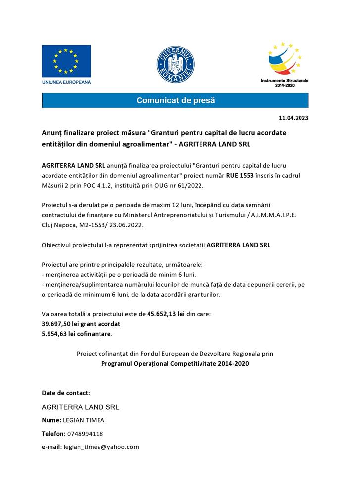 Anunt presa finalizare proiect Agriterra Land SRL